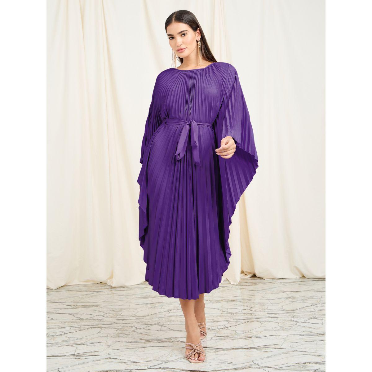 Styli Elevate Accordion Pleats Handkerchief Hem Midi Dress with Tie Belt-women-clothing-dresses-image-1