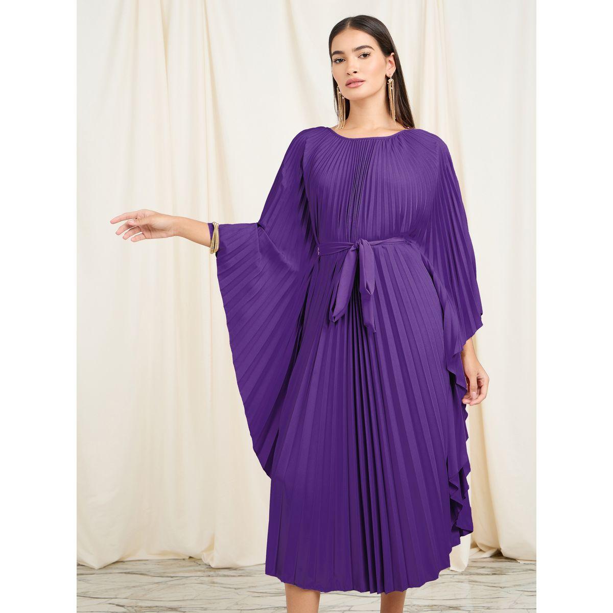 Styli Elevate Accordion Pleats Handkerchief Hem Midi Dress with Tie Belt-women-clothing-dresses-image-2