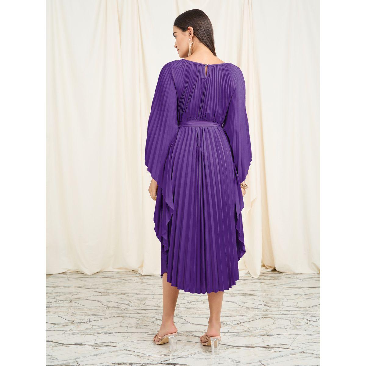 فستان ميدي مزين بكسرات مع رباط خصر-women-clothing-dresses-image-4