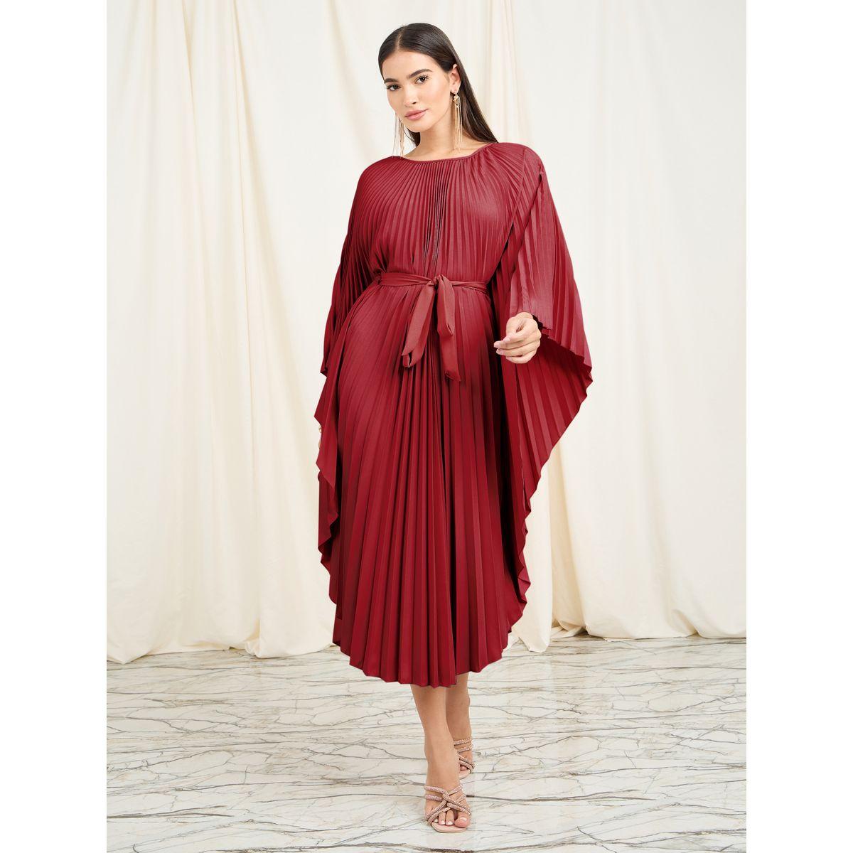 Styli Elevate Accordion Pleats Handkerchief Hem Midi Dress with Tie Belt-women-clothing-dresses-image-1