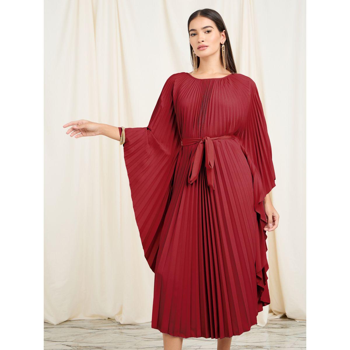 فستان ميدي مزين بكسرات مع رباط خصر-women-clothing-dresses-image-2