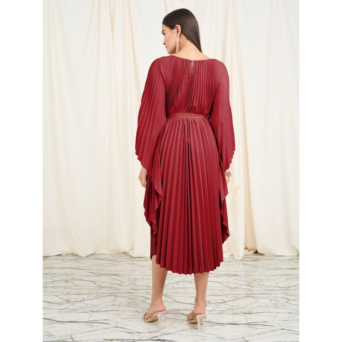 Styli Elevate Accordion Pleats Handkerchief Hem Midi Dress with Tie Belt-women-clothing-dresses-image-4