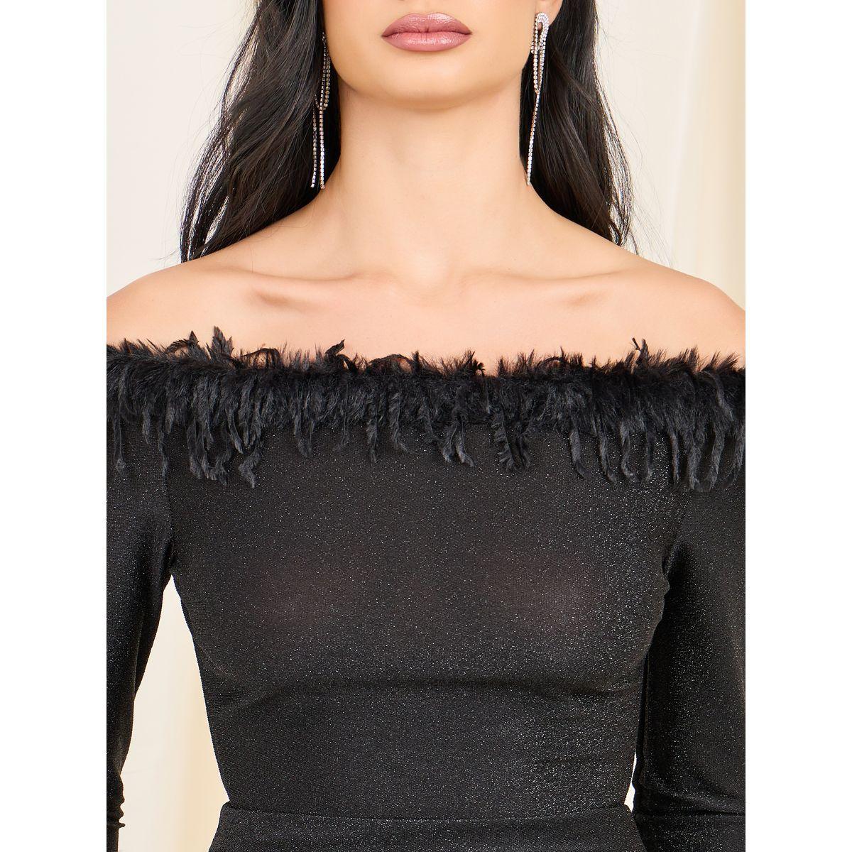 Styli Limited Faux Feather Trim Off Shoulder Glittered Bodycon Dress-women-clothing-dresses-image-3