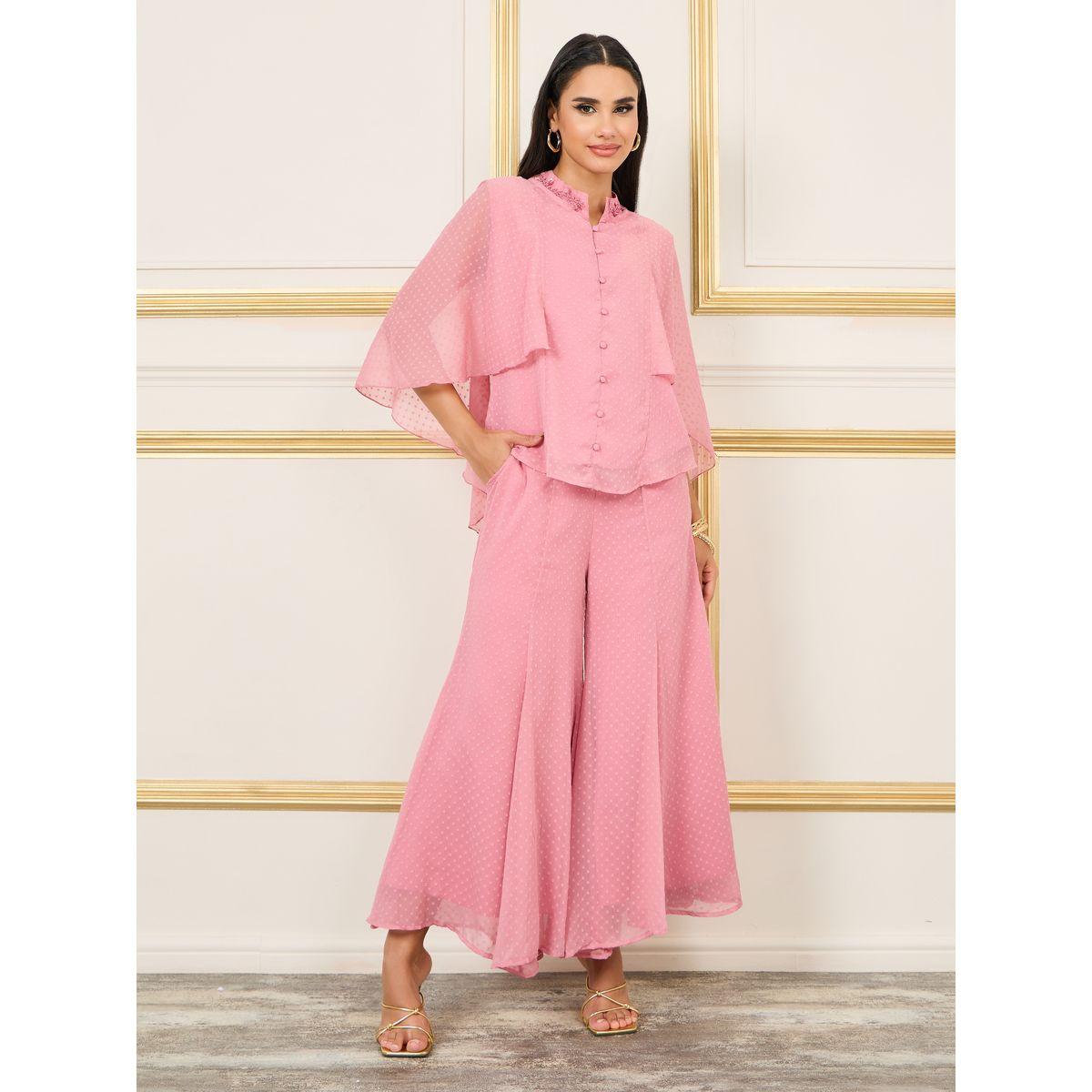 طقم منسق من بنطال واسع مع بلوزة بأكمام كيب-women-clothing-coordsets-image-1