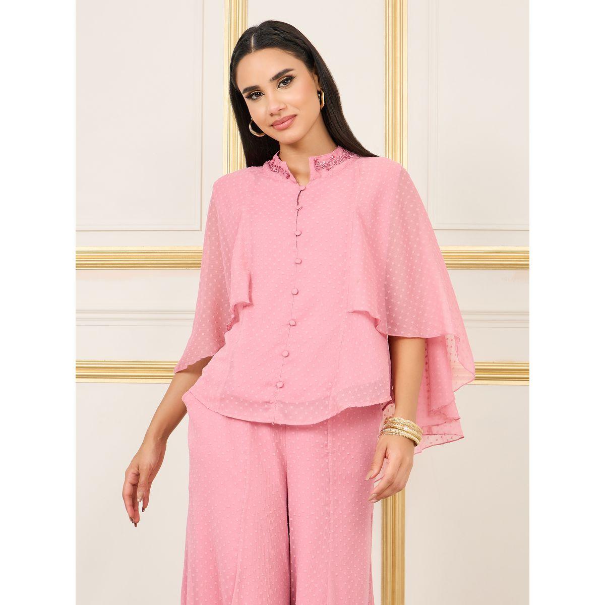 طقم منسق من بنطال واسع مع بلوزة بأكمام كيب-women-clothing-coordsets-image-2