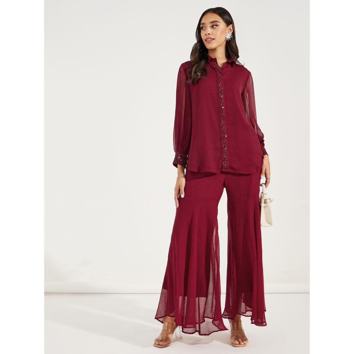 Styli Beaded Placket Chiffon Shirt & Flared Pants Co-Ords-women-clothing-coordsets-image-1