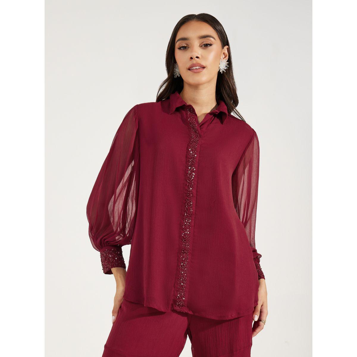 Styli Beaded Placket Chiffon Shirt & Flared Pants Co-Ords-women-clothing-coordsets-image-2