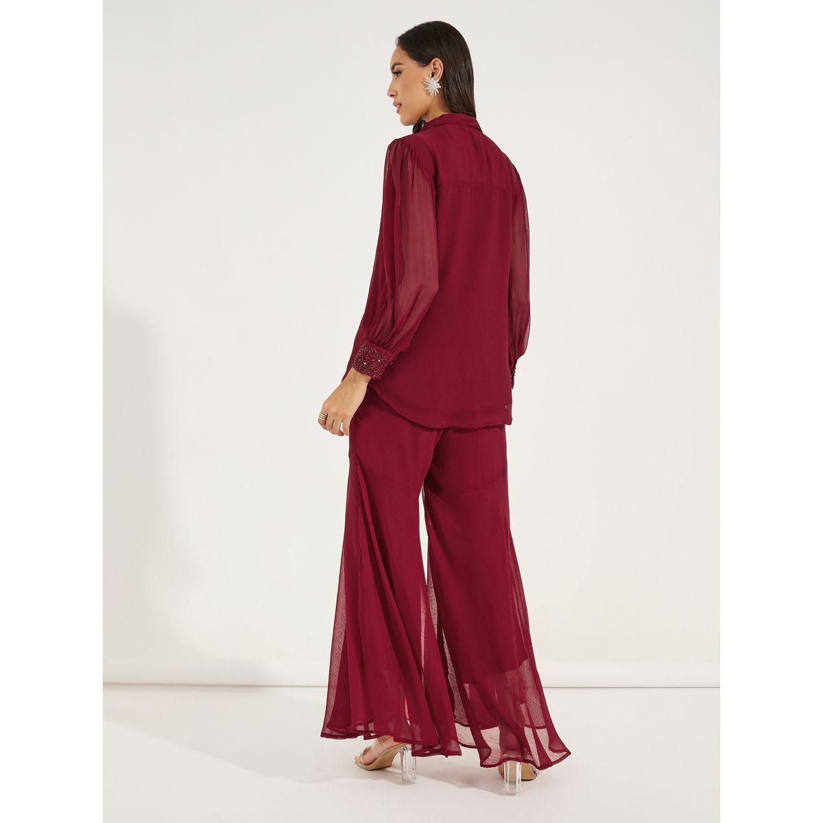 Styli Beaded Placket Chiffon Shirt & Flared Pants Co-Ords-women-clothing-coordsets-image-4