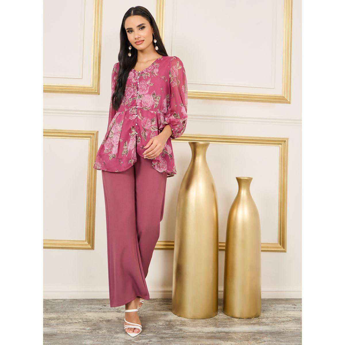 طقم منسق من بنطال وبلوزة بيبلوم مطبعة بزهور-women-clothing-coordsets-image-1
