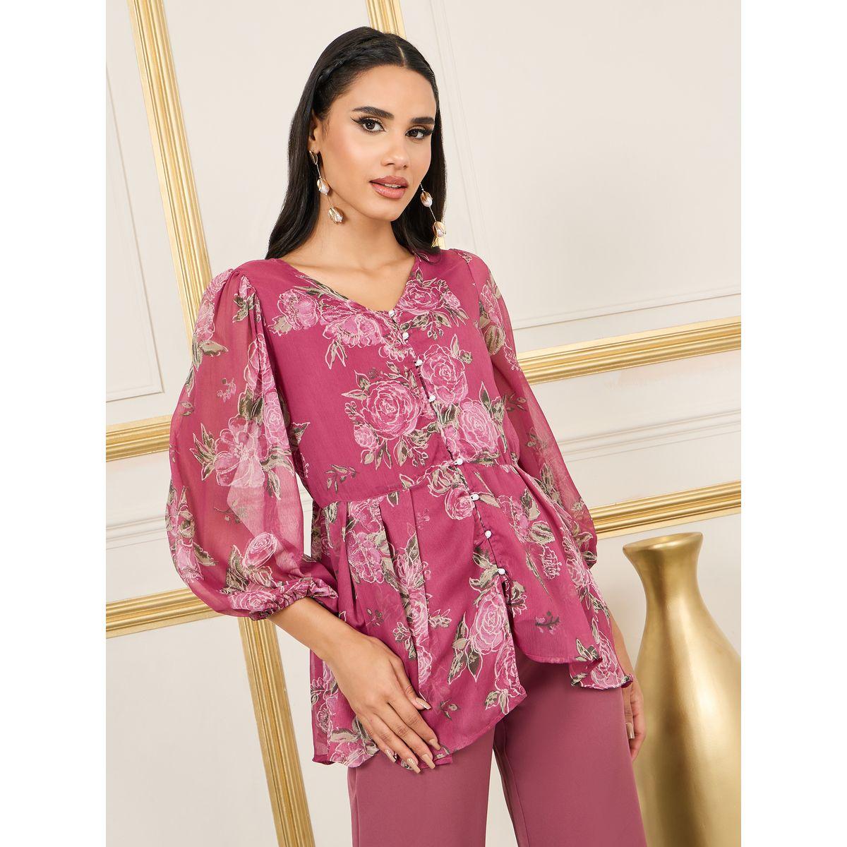 طقم منسق من بنطال وبلوزة بيبلوم مطبعة بزهور-women-clothing-coordsets-image-2