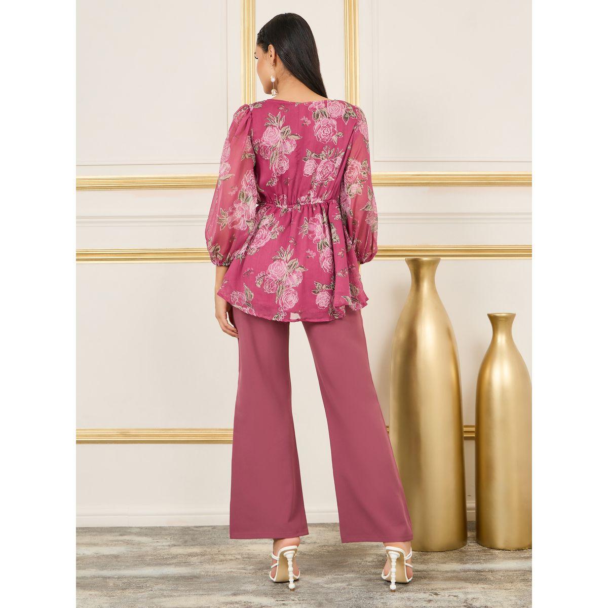 طقم منسق من بنطال وبلوزة بيبلوم مطبعة بزهور-women-clothing-coordsets-image-5