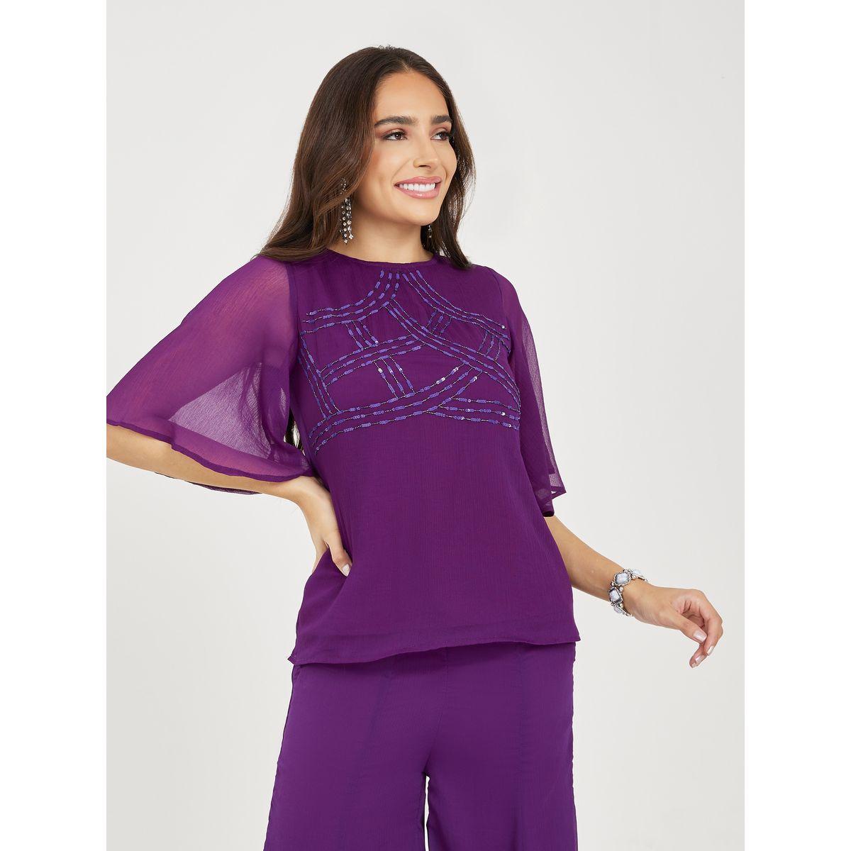 Styli Chiffon Sequined Top & Flared Pants Co-Ords-women-clothing-coordsets-image-2