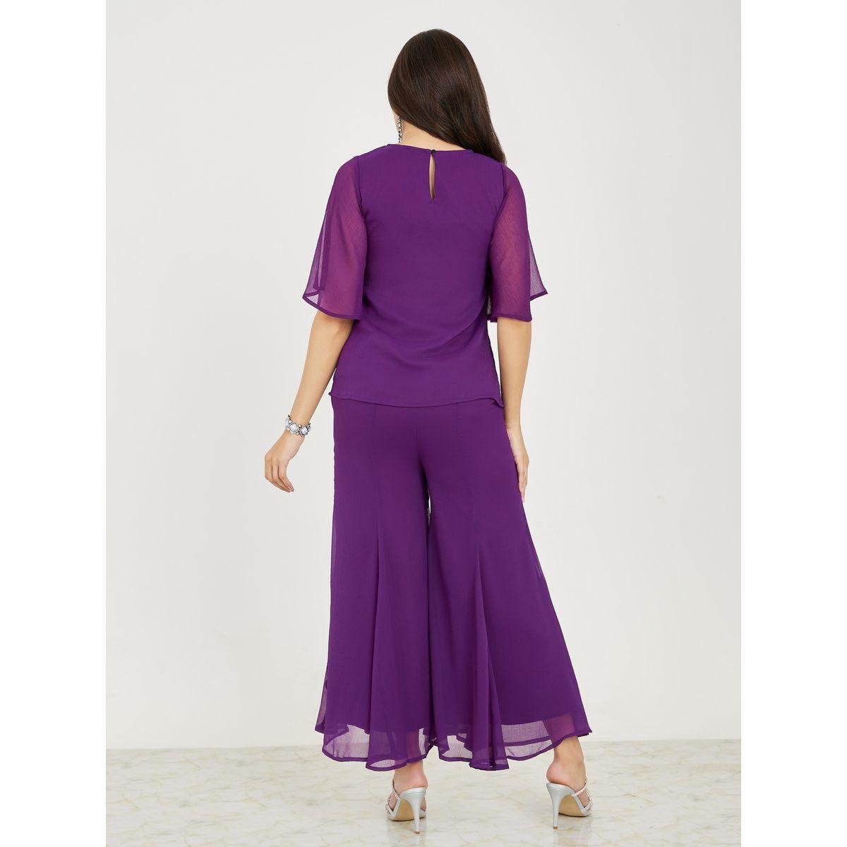 طقم منسق من بنطال مع بلوزة شيفون منمقة بالترتر-women-clothing-coordsets-image-4