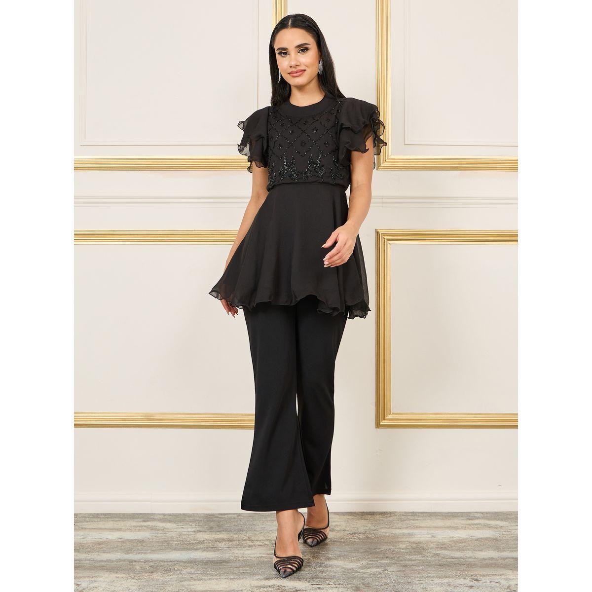 طقم منسق من بنطال واسع مع بلوزة بيبلوم بكشكش-women-clothing-coordsets-image-1