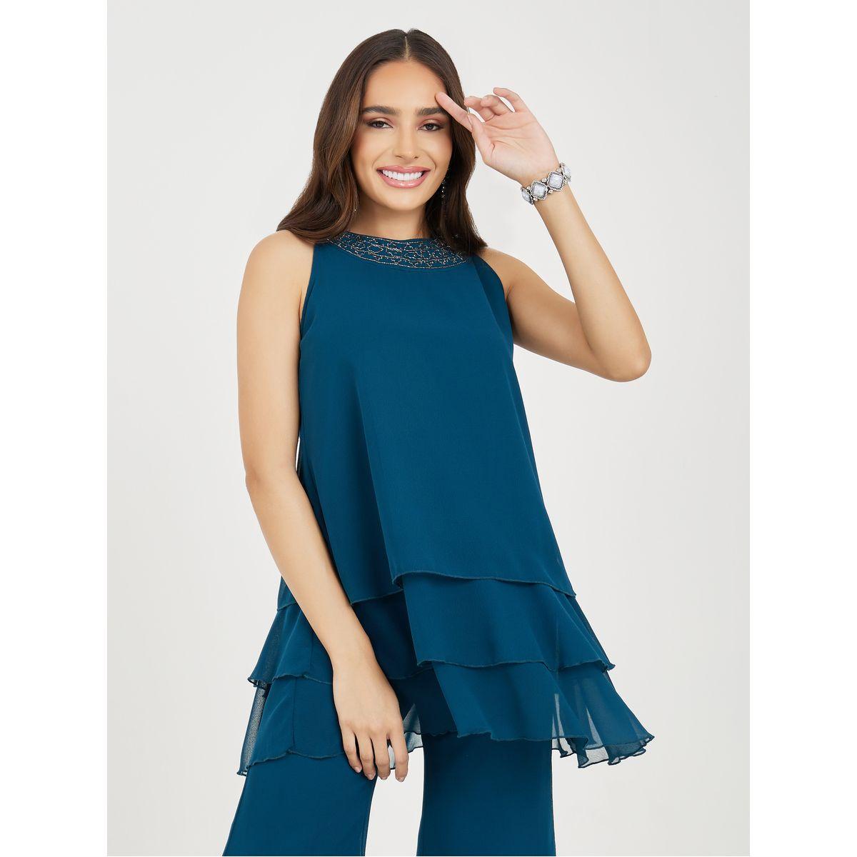 طقم منسق من بنطال مع بلوزة بلا اكمام وتفاصيل شيفون-women-clothing-coordsets-image-2