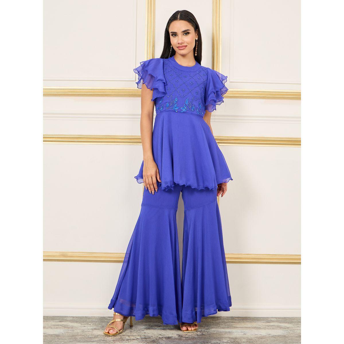 Styli Embellished Layer Ruffle Sleeves Peplum Top and Flared Pant Co-Ords-women-clothing-coordsets-image-1