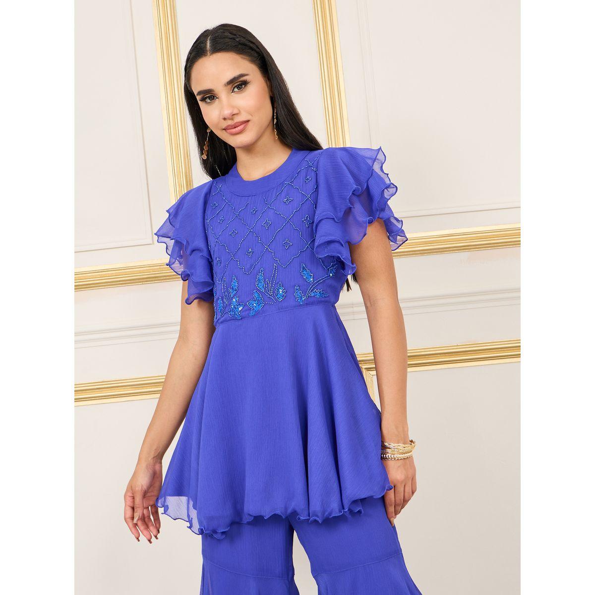 طقم منسق من بنطال واسع مع بلوزة بيبلوم بكشكش-women-clothing-coordsets-image-2