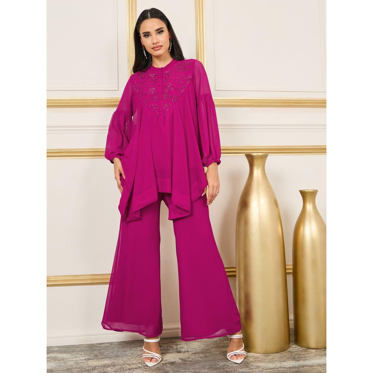 Styli Beaded Detail Handkerchief Hem Blouse and Flared Pant Co-ords-women-clothing-coordsets-image-1