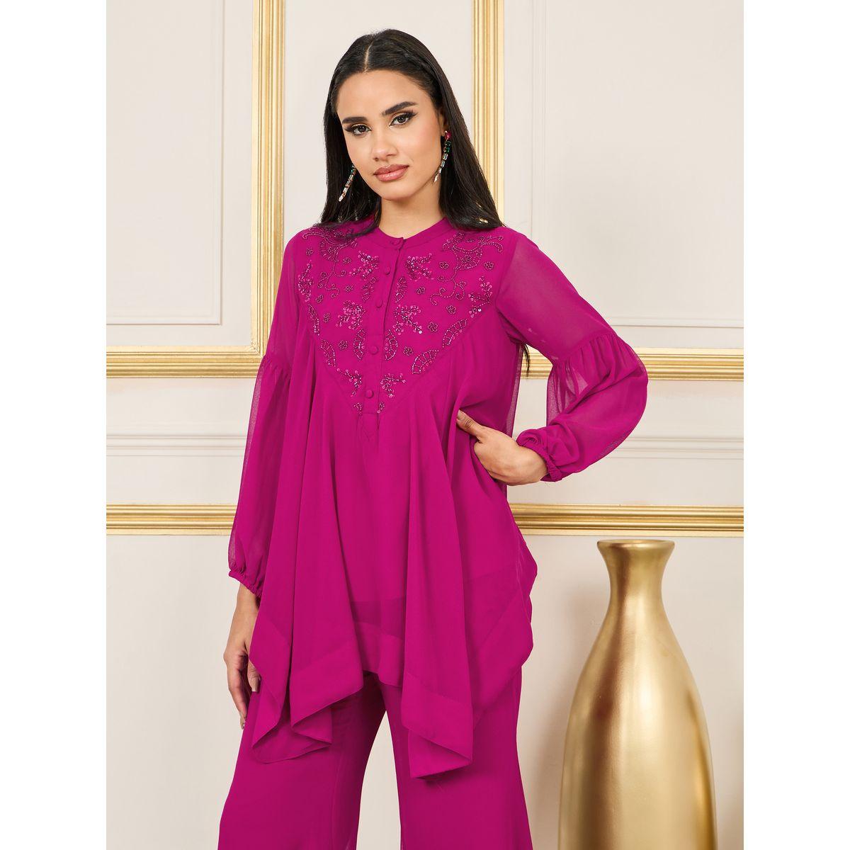 Styli Beaded Detail Handkerchief Hem Blouse and Flared Pant Co-ords-women-clothing-coordsets-image-2