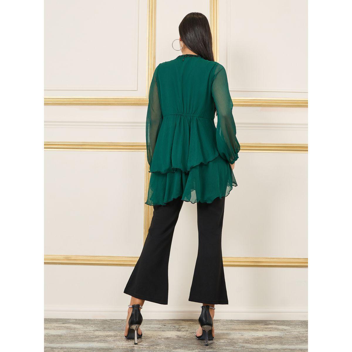 Styli Beaded Detail Layer Peplum Top and Solid Bootcut Co-ords-women-clothing-coordsets-image-5