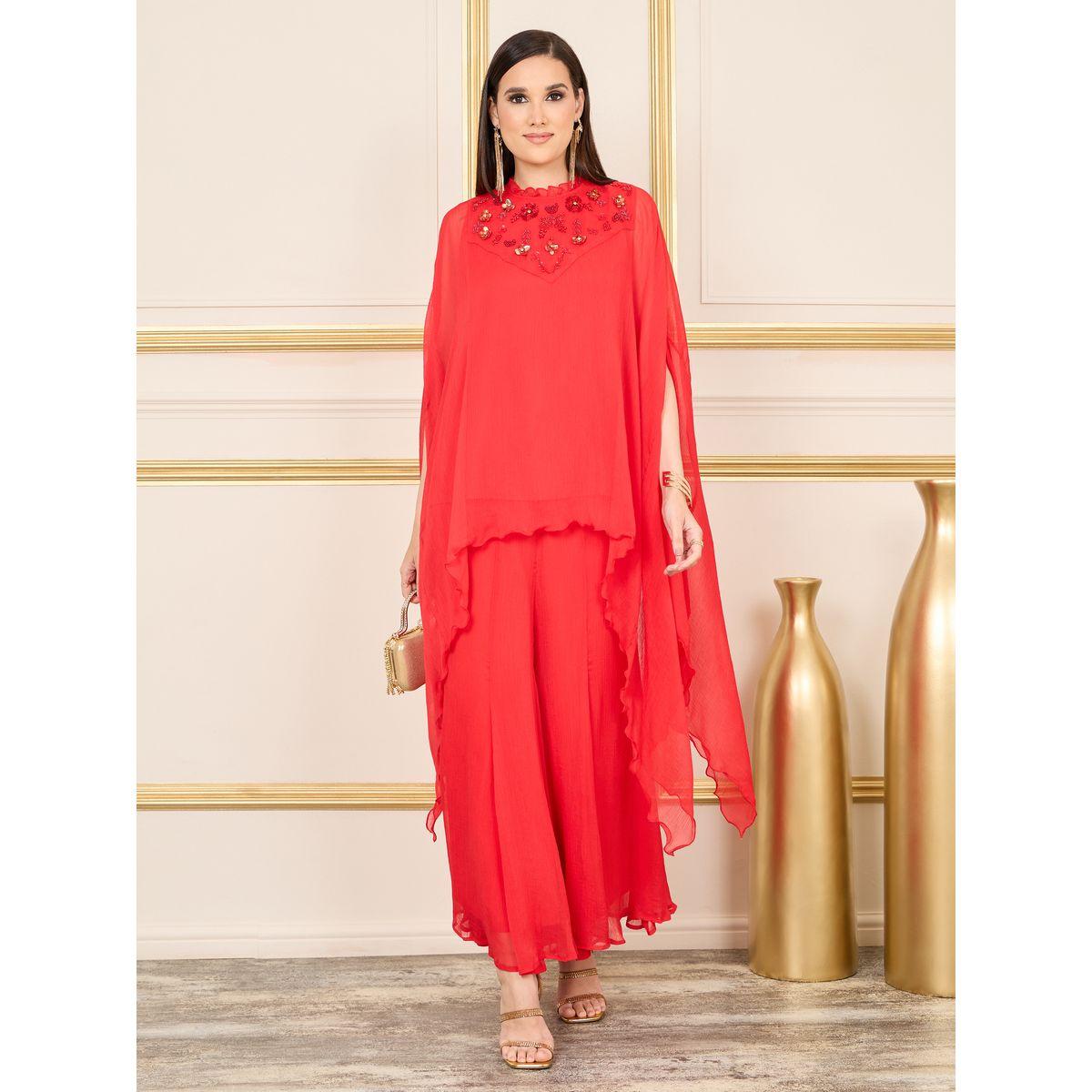 Styli Beaded Detail Cape Style Chiffon Top and Flared Pant Co-ord-women-clothing-coordsets-image-1
