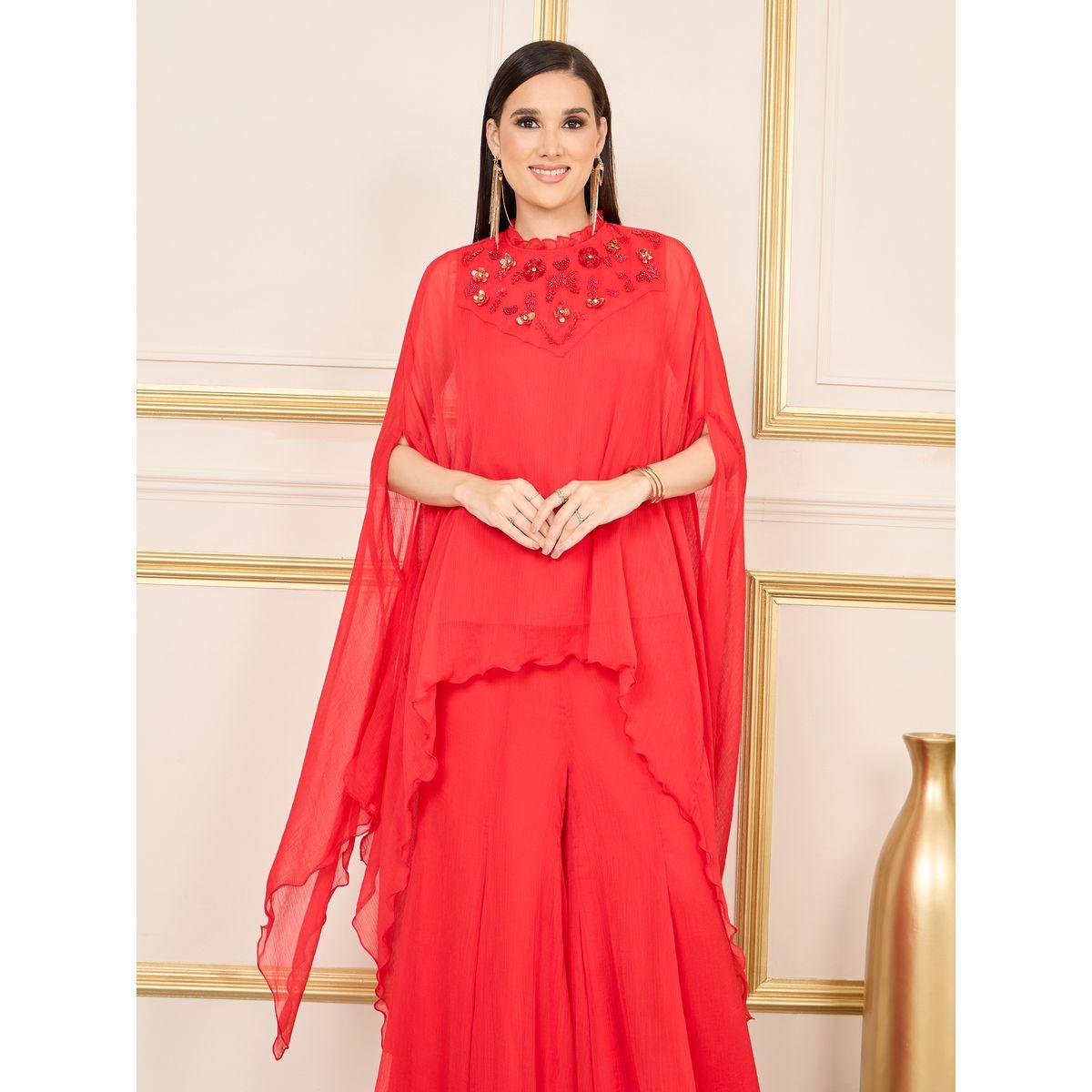Styli Beaded Detail Cape Style Chiffon Top and Flared Pant Co-ord-women-clothing-coordsets-image-2