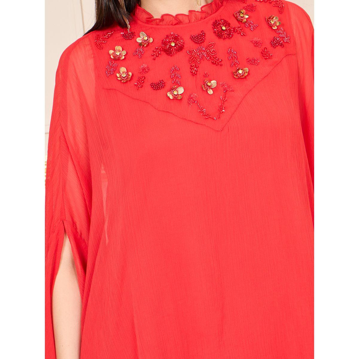 Styli Beaded Detail Cape Style Chiffon Top and Flared Pant Co-ord-women-clothing-coordsets-image-3