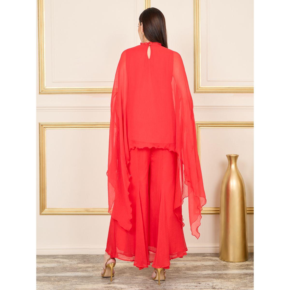 طقم منسق من بنطال مع بلوزة شيفون بحافة منحنية-women-clothing-coordsets-image-4