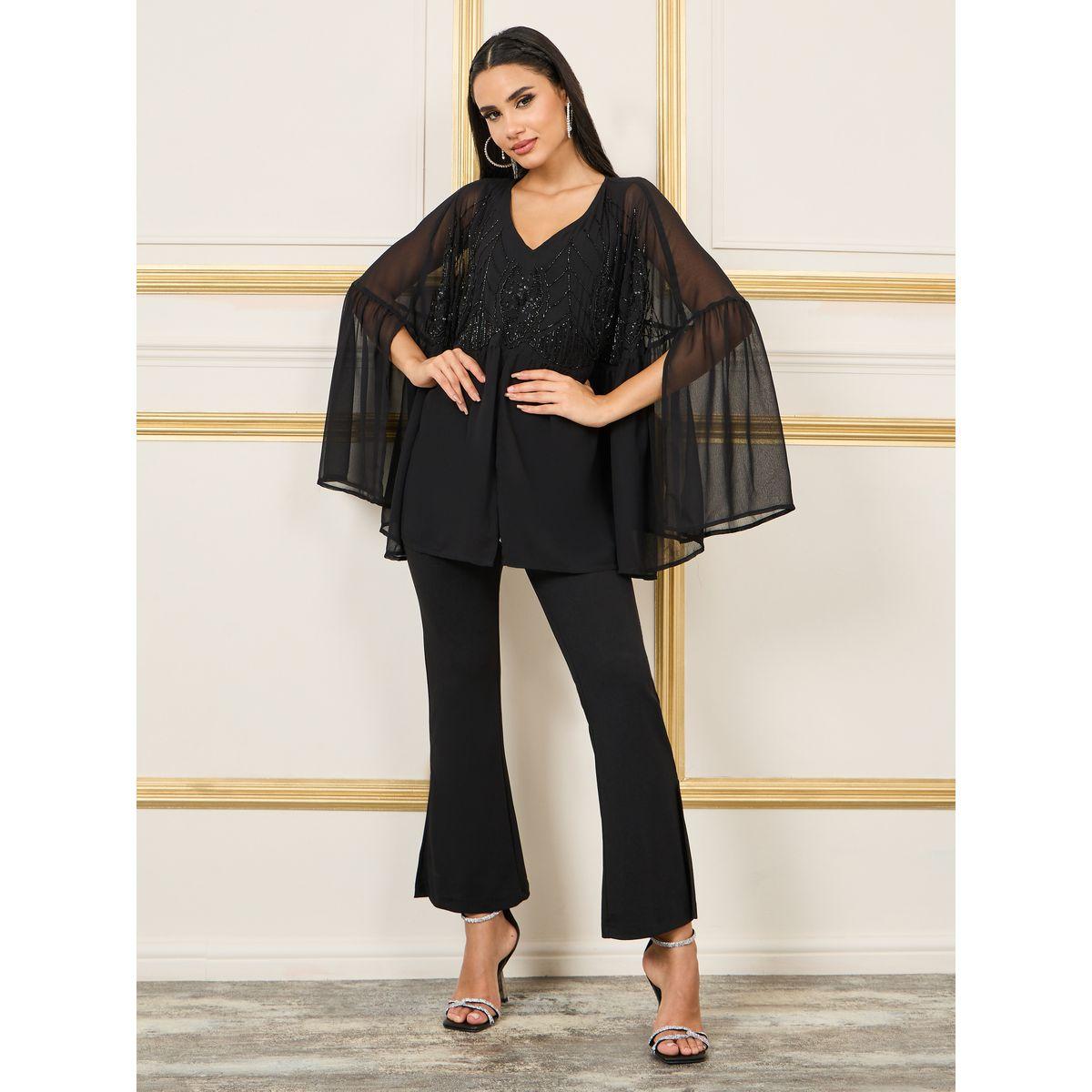 Styli Beaded Detail Cape Sleeves Top and Bootcut Pant Co-ords-women-clothing-coordsets-image-1