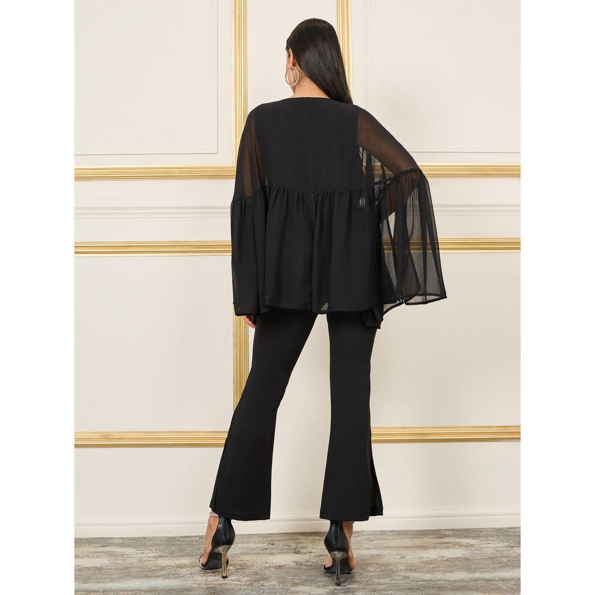 طقم منسق من بنطال بوت كات مع بلوزة باكمام كيب-women-clothing-coordsets-image-5