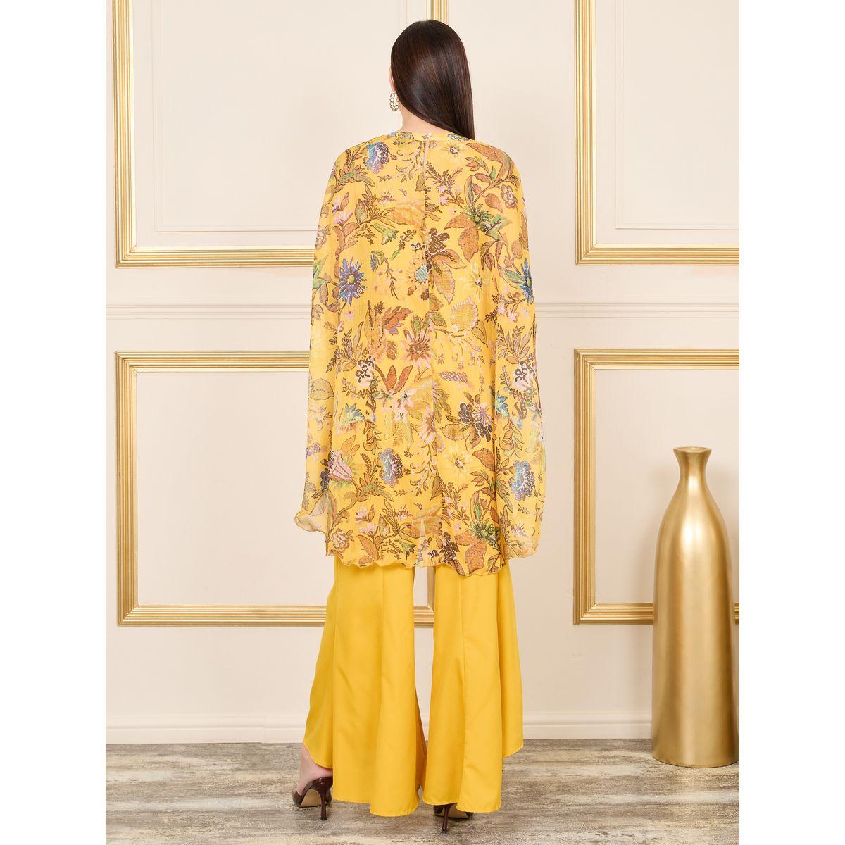 Styli Floral Print Cape Sleeves Longline Top and Flared Pant Co-ord-women-clothing-coordsets-image-4
