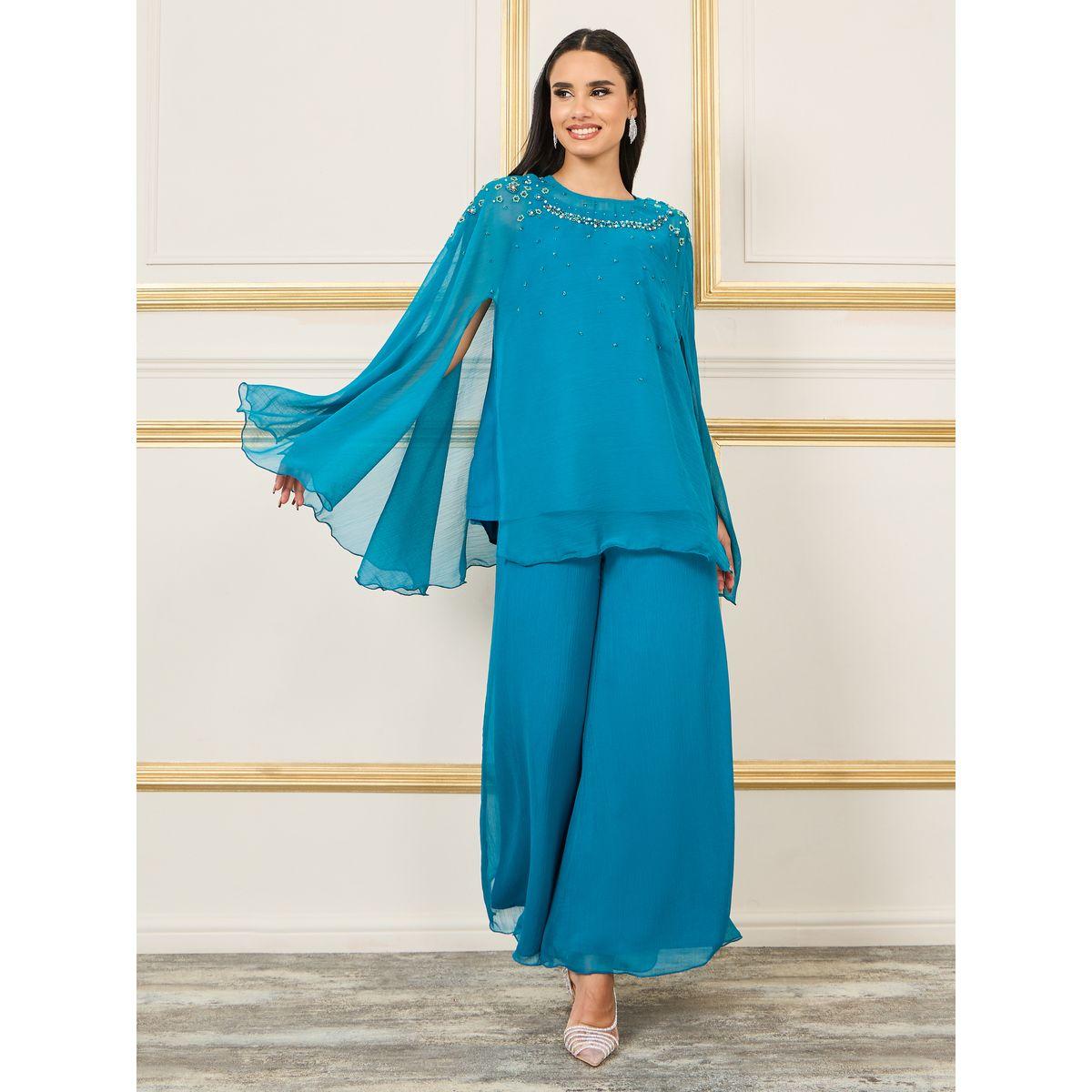 Styli Embellished Cape Sleeves Top and Wide Flared Pant Set-women-clothing-coordsets-image-1