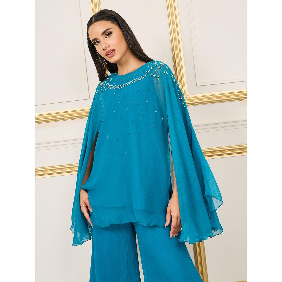 بنطال بارجل واسعة مع بلوزة باكمام كيب-women-clothing-coordsets-image-2