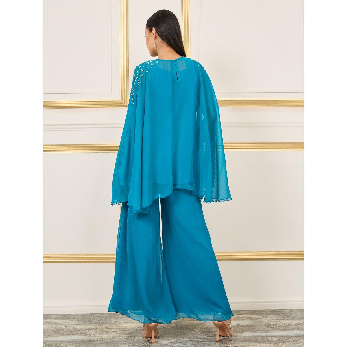 بنطال بارجل واسعة مع بلوزة باكمام كيب-women-clothing-coordsets-image-5