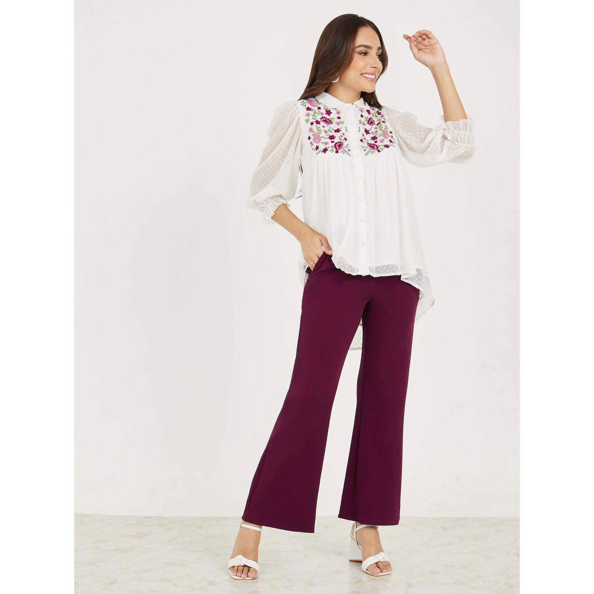 Styli Embroidery Chiffon Shirt with Bootleg Pants Co-Ords-women-clothing-coordsets-image-1