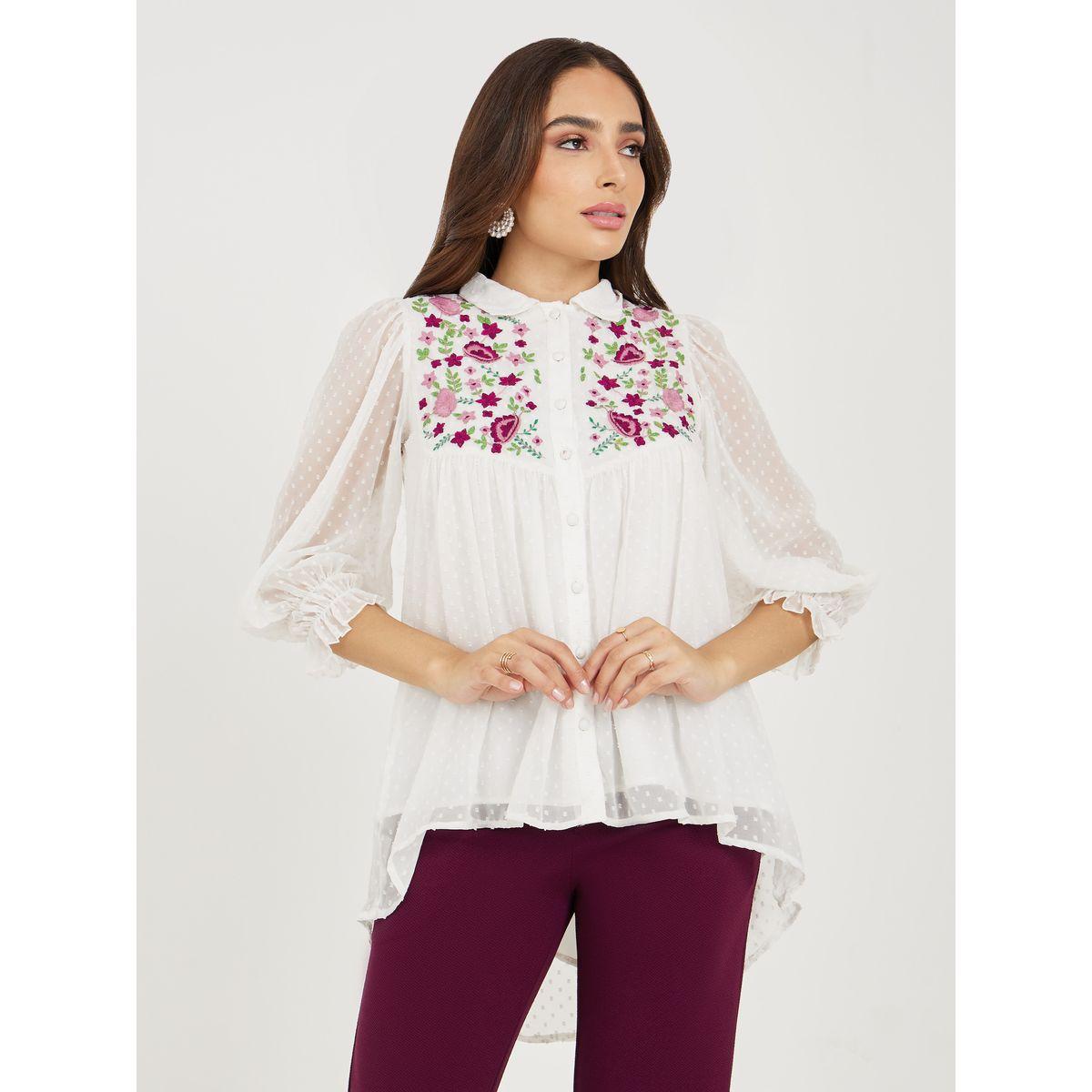 Styli Embroidery Chiffon Shirt with Bootleg Pants Co-Ords-women-clothing-coordsets-image-2