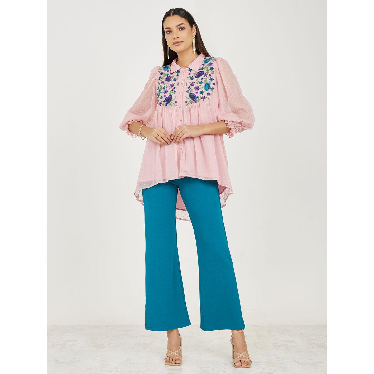 بنطال بارجل واسعة مع بلوزة بتفاصيل دوبي-women-clothing-coordsets-image-1