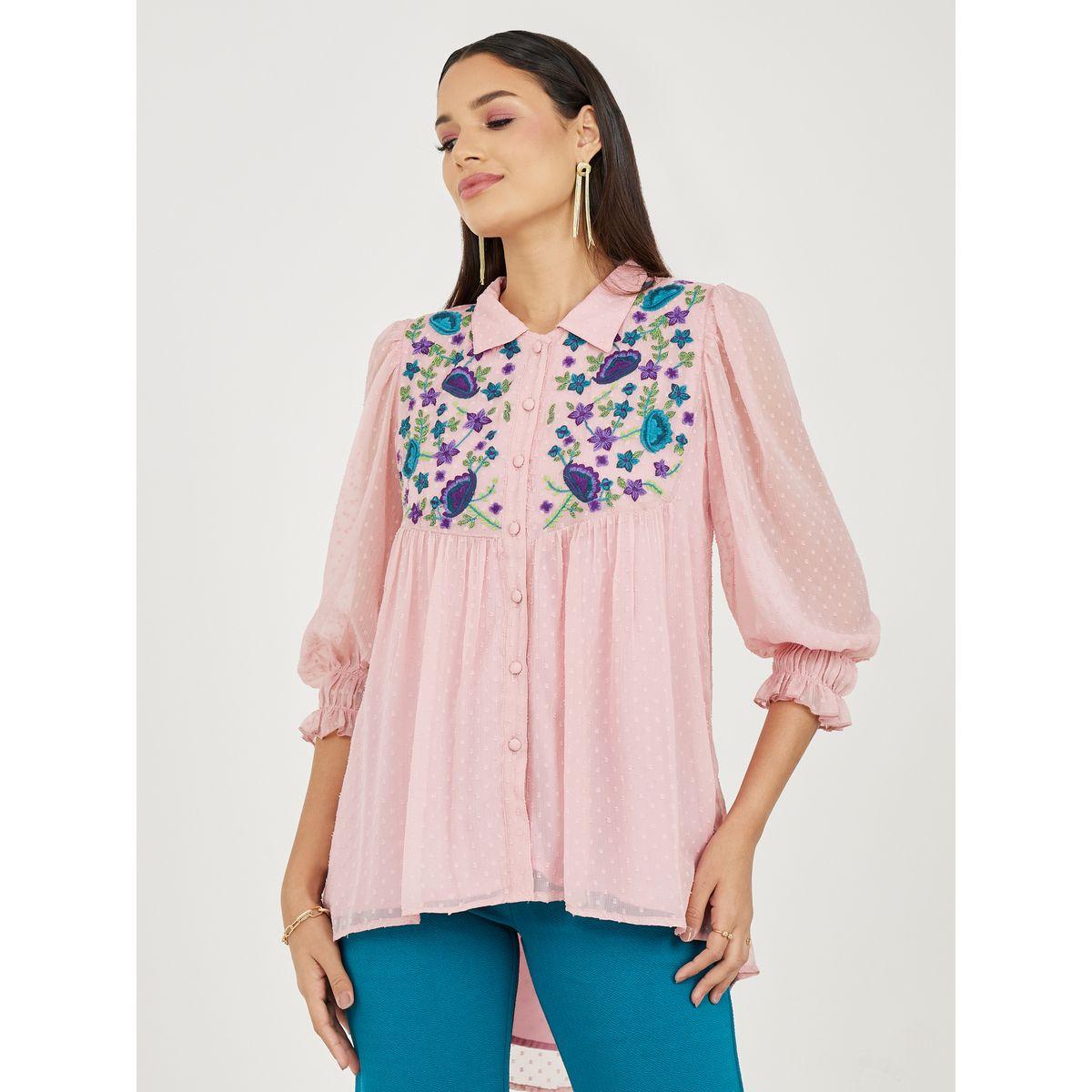 Styli Dobby Embroidered High Low Hem Shirt and Flared Pant Set-women-clothing-coordsets-image-2