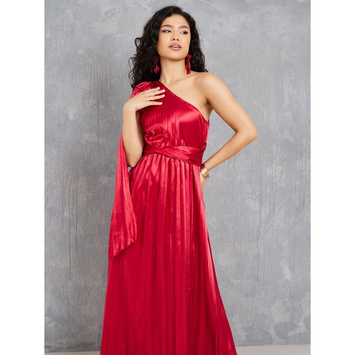 Styli Satin One Shoulder Neck Pleated Hem Twist Detail Maxi Dress-women-clothing-dresses-image-2