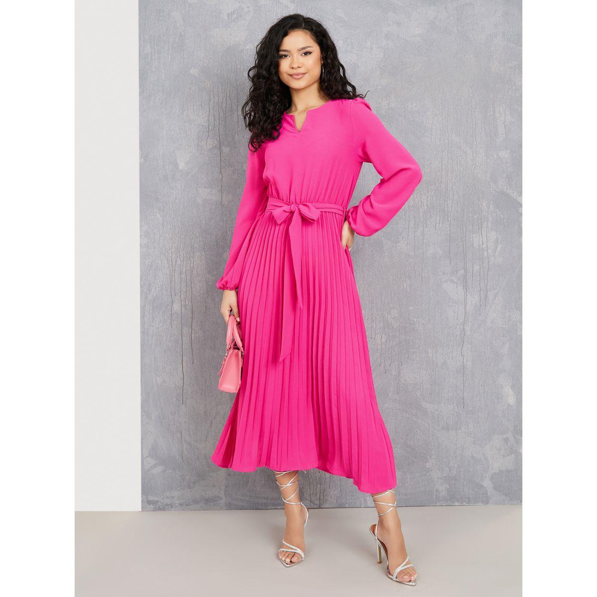 Styli Lantern Sleeves Pleated Hem Self Tie Up Midi Dress-women-clothing-dresses-image-1