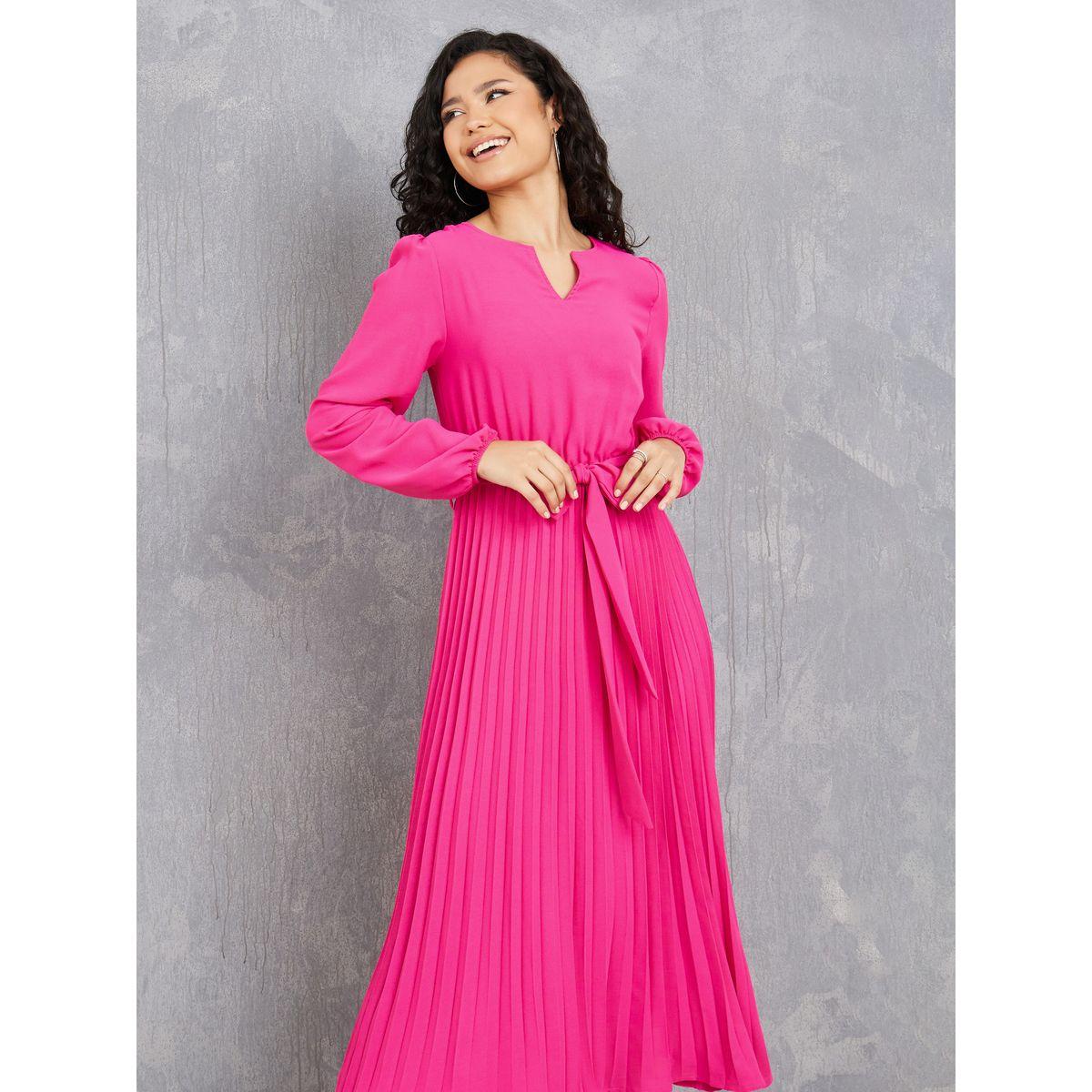 Styli Lantern Sleeves Pleated Hem Self Tie Up Midi Dress-women-clothing-dresses-image-2
