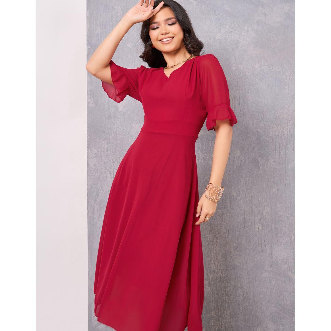 Styli Solid Chiffon V Neck A-Line Midi Dress-women-clothing-dresses-image-1
