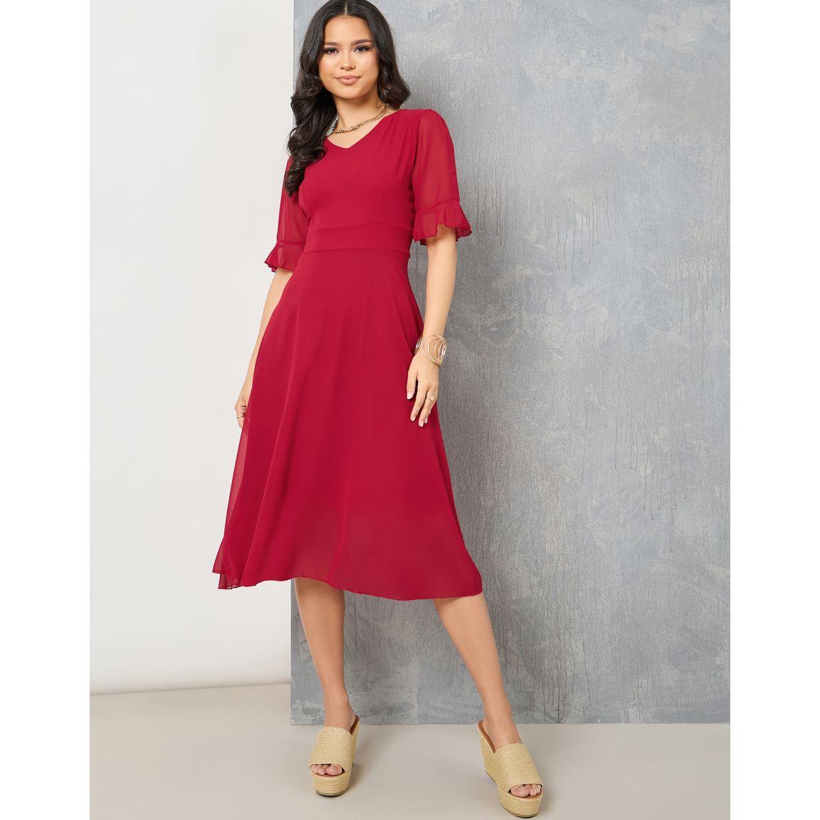 Styli Solid Chiffon V Neck A-Line Midi Dress-women-clothing-dresses-image-2