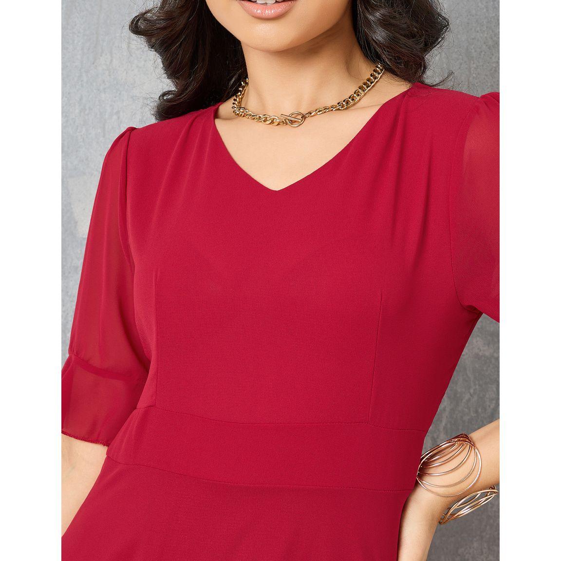 Styli Solid Chiffon V Neck A-Line Midi Dress-women-clothing-dresses-image-3