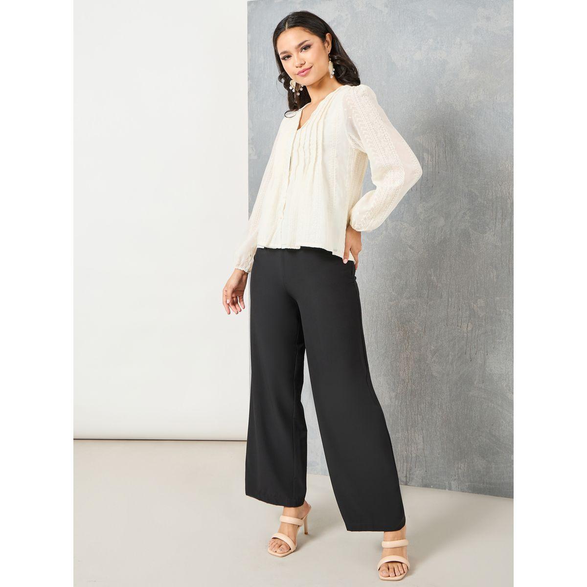 Styli Pleated Lace Embroidered Blouse with Button Closure-women-clothing-shirtsandblouses-blouses-image-2