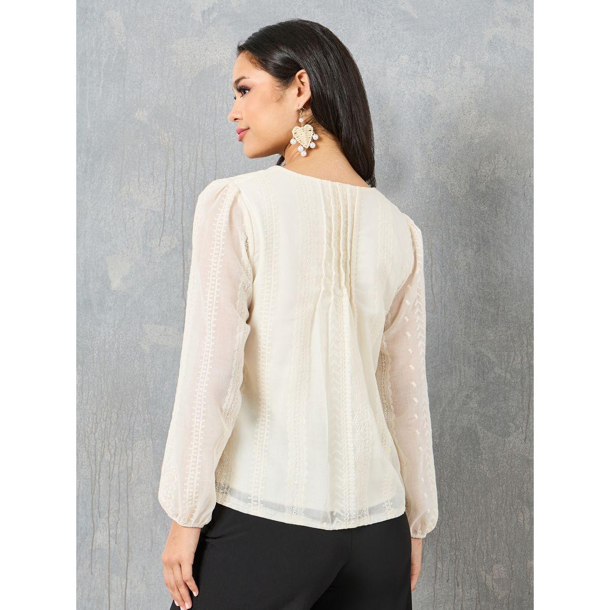 Styli Pleated Lace Embroidered Blouse with Button Closure-women-clothing-shirtsandblouses-blouses-image-4