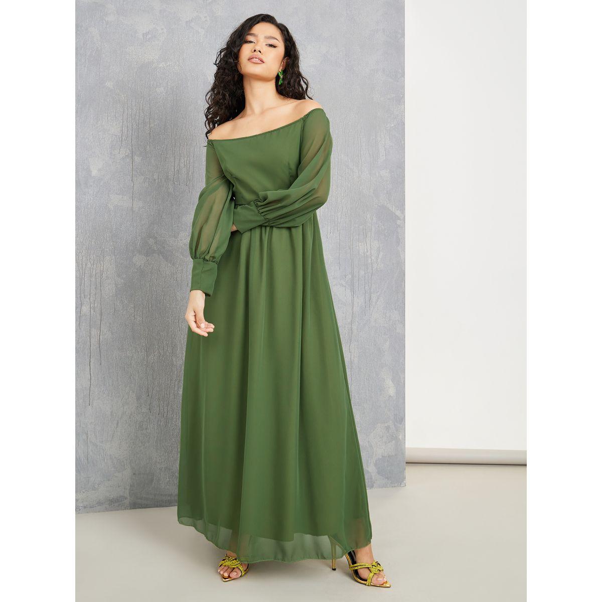Styli Solid Off Shoulder Cuffed Sleeves Maxi Dress-women-clothing-dresses-image-1