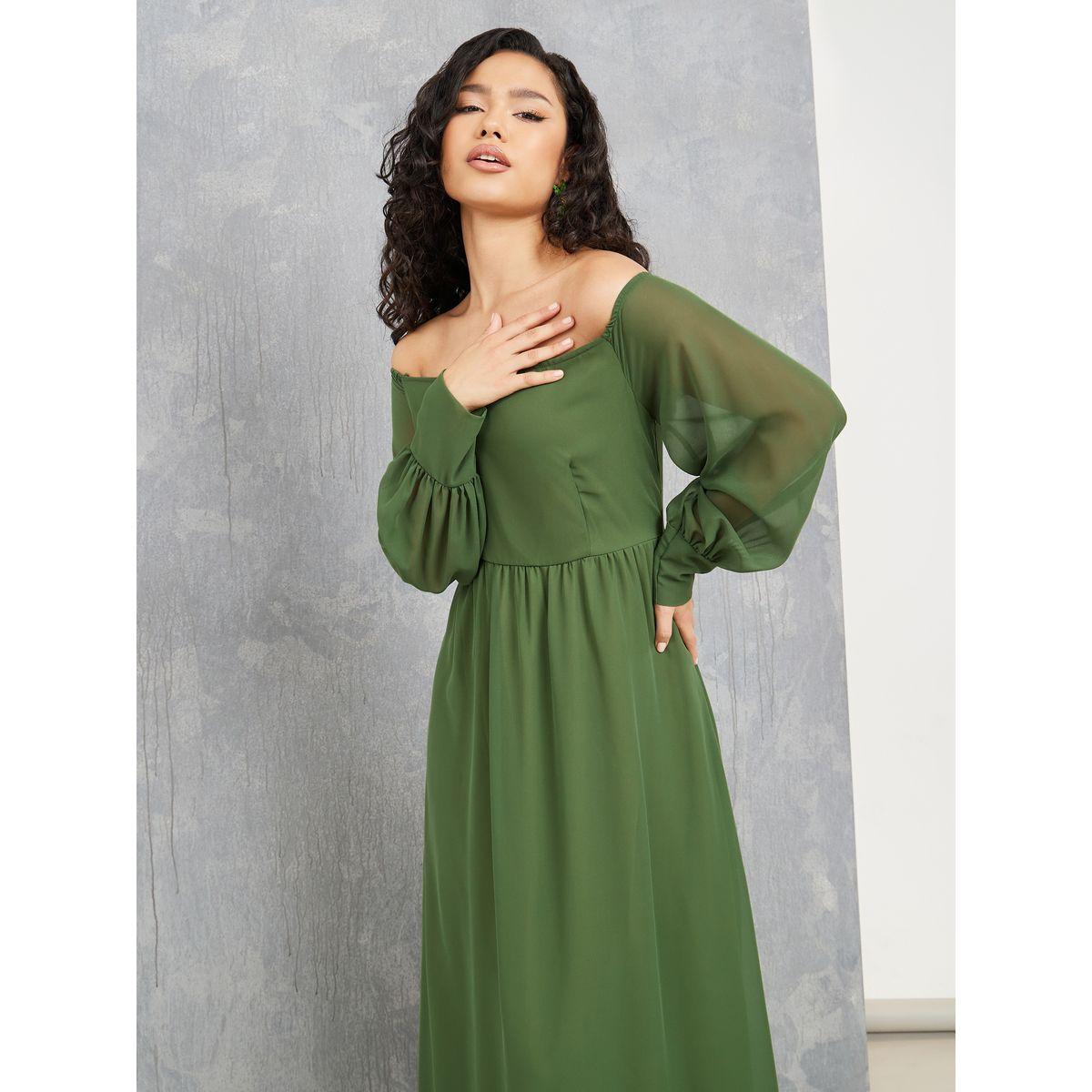 Styli Solid Off Shoulder Cuffed Sleeves Maxi Dress-women-clothing-dresses-image-2