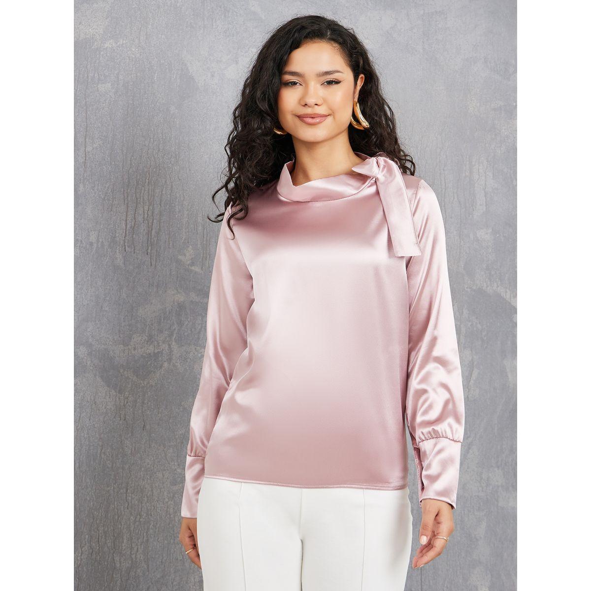 بلوزة ساتان سادة مع ياقة بأربطة-women-clothing-shirtsandblouses-blouses-image-3