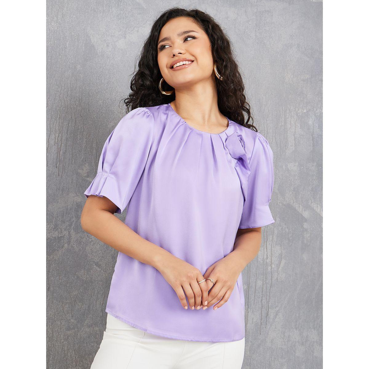 Styli Floral Applique Detail Satin Blouse with Pleated Sleeves-women-clothing-shirtsandblouses-blouses-image-3